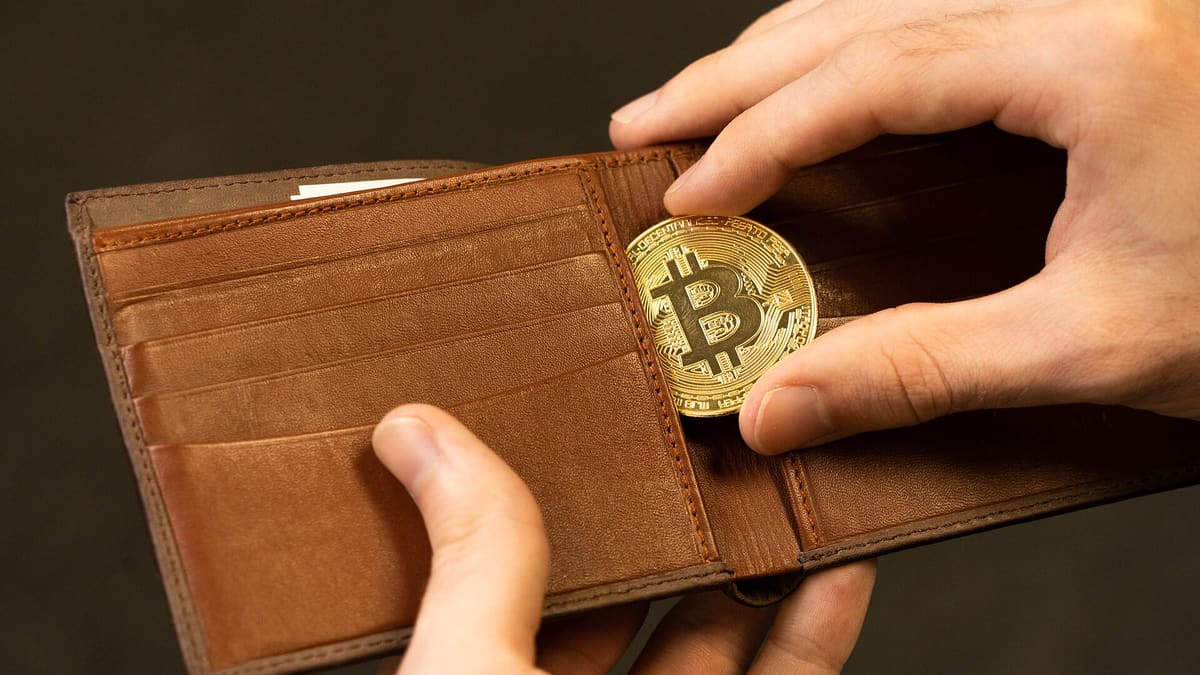 금색 비트코인 메달을 지갑에 넣는 모습, 내 자산을 직접 관리해야 차익거래 사기를 피할 수 있음을 상징