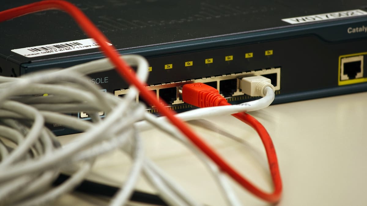 네트워크 케이블이 연결된 시스코 스위치 장비, 거래소 간 가격 데이터와 차익거래 실행 속도를 상징